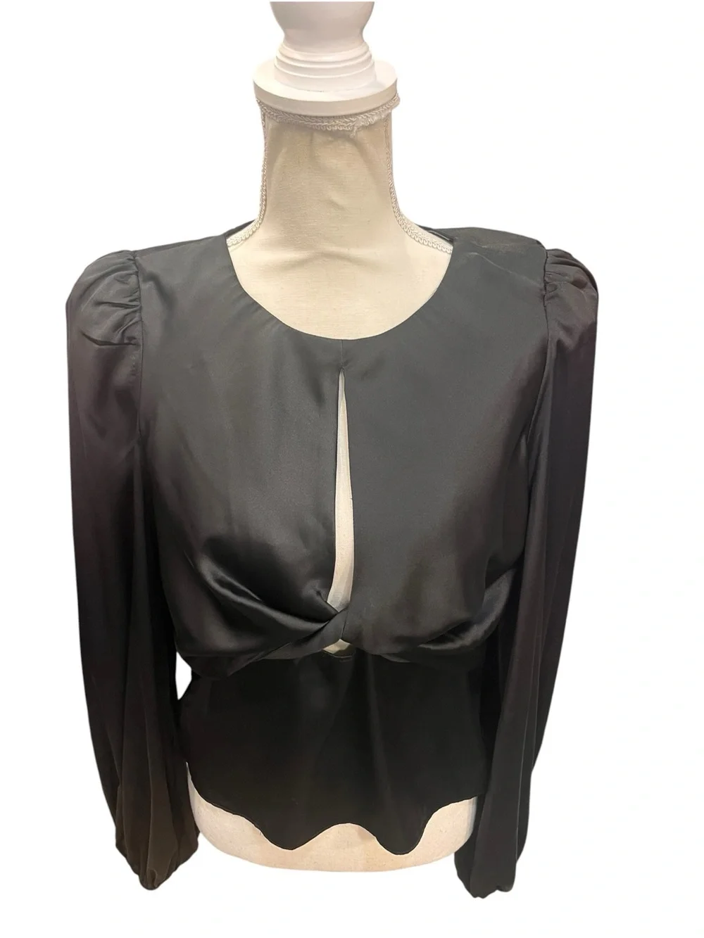 ASTR The Label Black Satin Twist Front Cutout Puff Sleeve Peplum Top L NWT